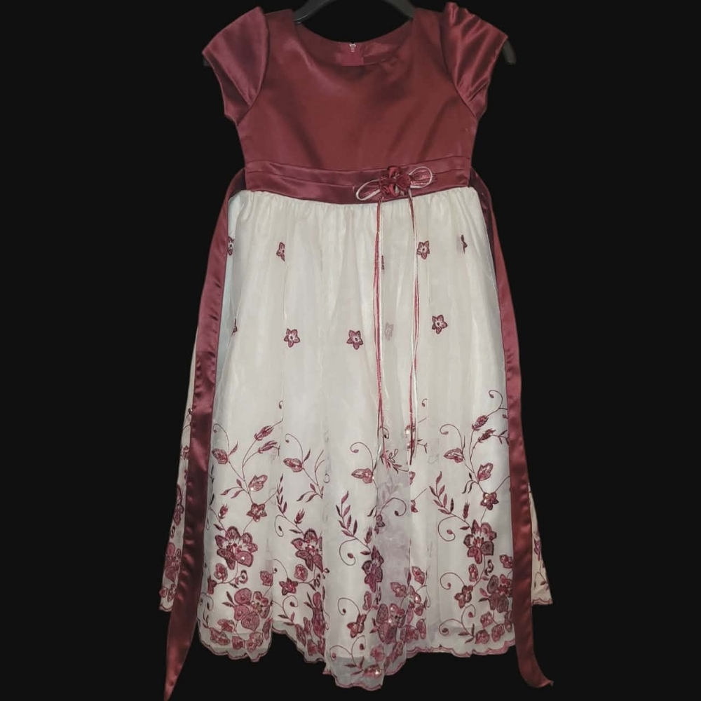 Vintage Melody Kids Party Princess Dress Maroon & Ivory Embroidered Girls 7/8